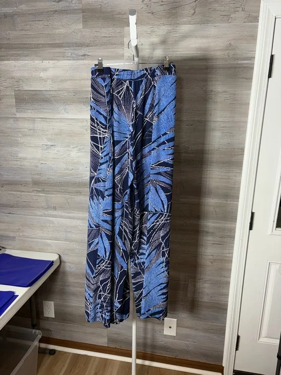 Susan Graver Navy and Blue Wide-Leg Palm Print Palazzo Pants Liquid Knit 1558 - Picture 3 of 12